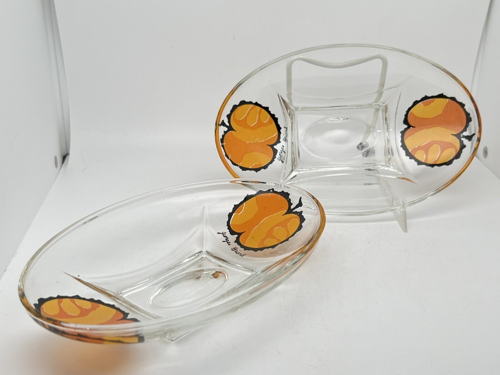 Vintage Georges Briard Clear Glass Bowl Orange Peach Fruit Print 8”L Set Of 2