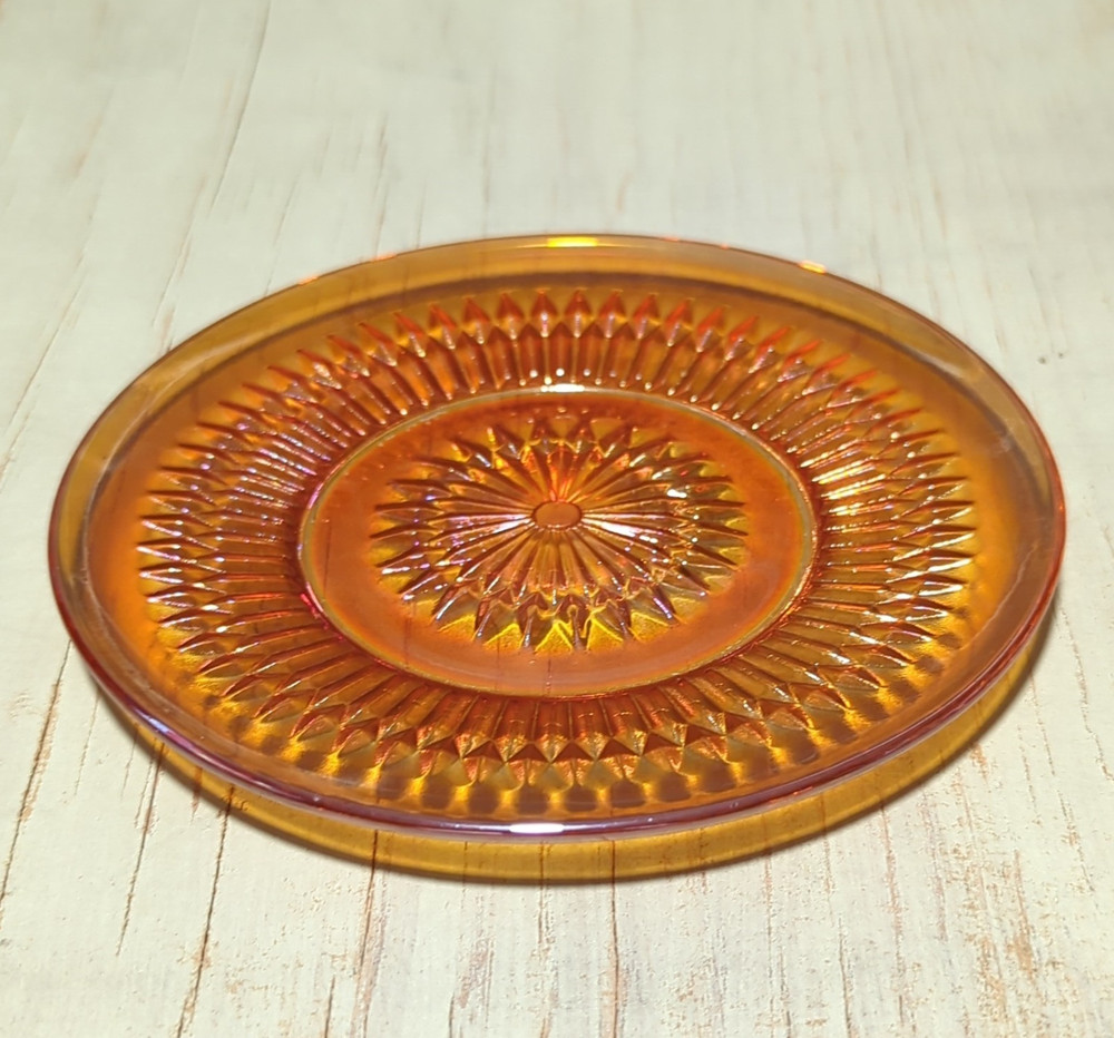 Amber Pressed Glass Sunburst Pattern Round Decorative Plate Glossy Finish