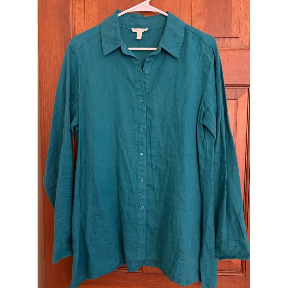 Eileen Fisher Organic Irish Linen Blouse Womens S Green Lightweight Button Down