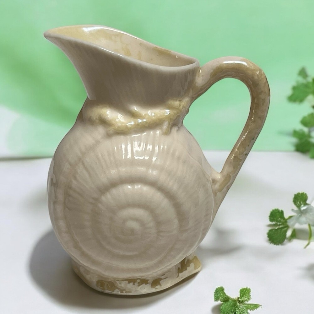 Belleek Ireland Porcelain Small Nautilus Shell Creamer Yellow Canary Luster Vtg