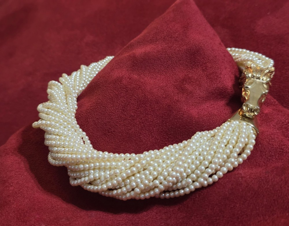 Vtg CAROLEE Faux Pearl Multistrand HORSE HEAD Torsade Necklace *Rare*