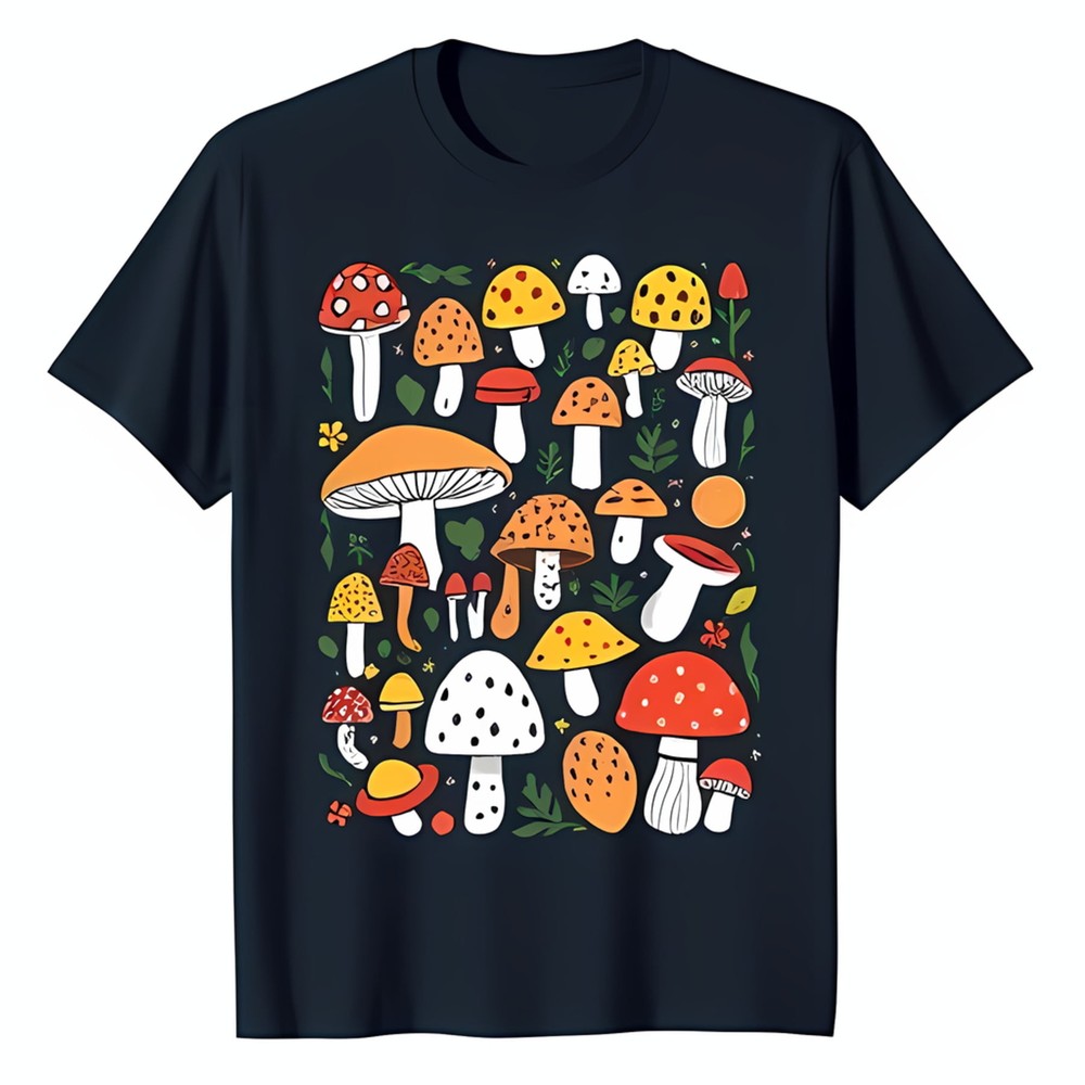 Vibrant Cartoon Mushroom Graphic on Black T-Shirt Whimsical Forest Design