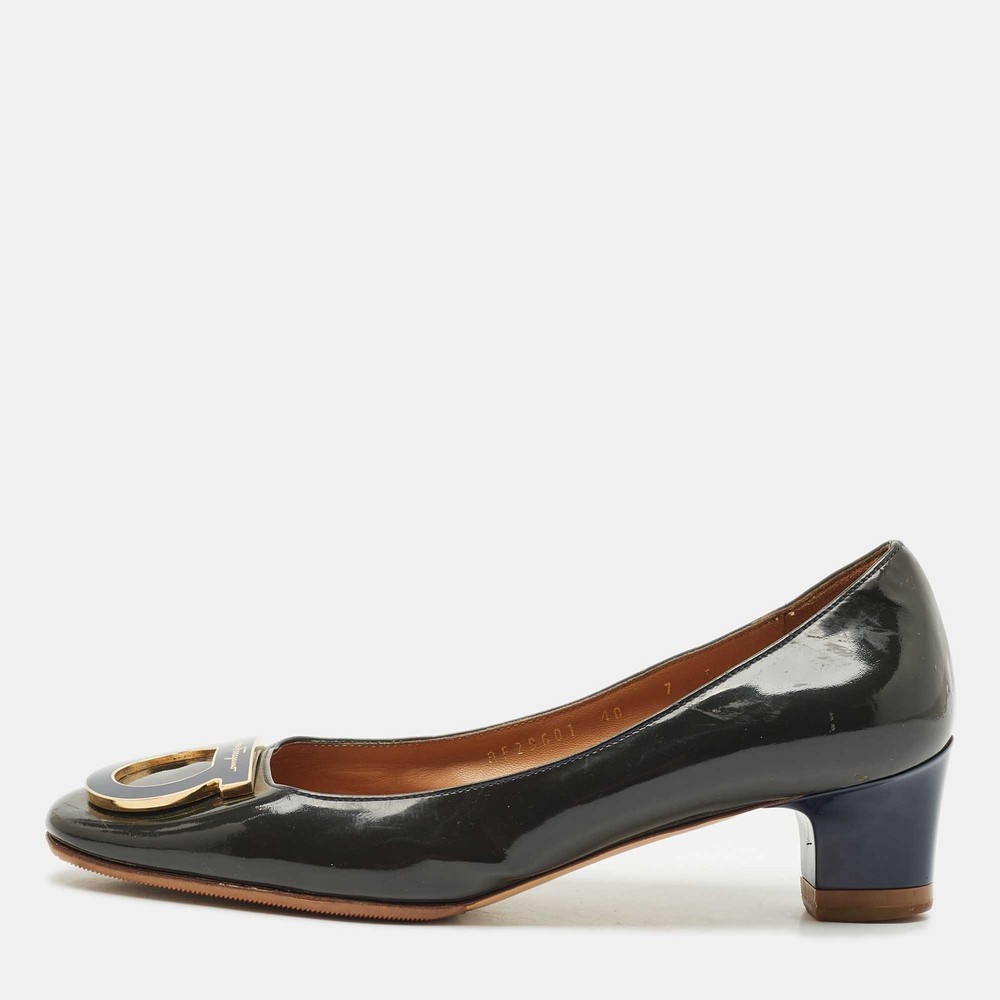 Salvatore Ferragamo Green Blue Patent Leather Gancio Pumps Size 40