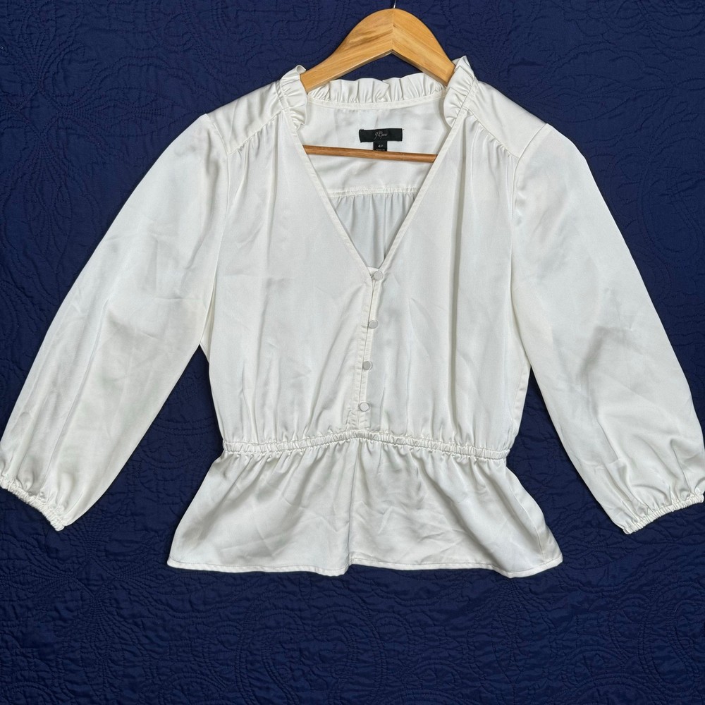 J Crew White Peplum Blouse Ruffle Neck V Neck Button Front Long Sleeve