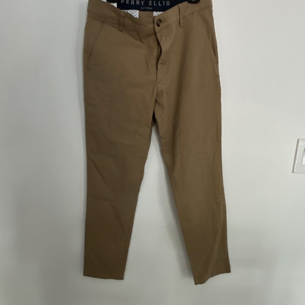 Perry Ellis Cotton Slim Fit Brown Casual Pants Men's Size 32 Button Pockets