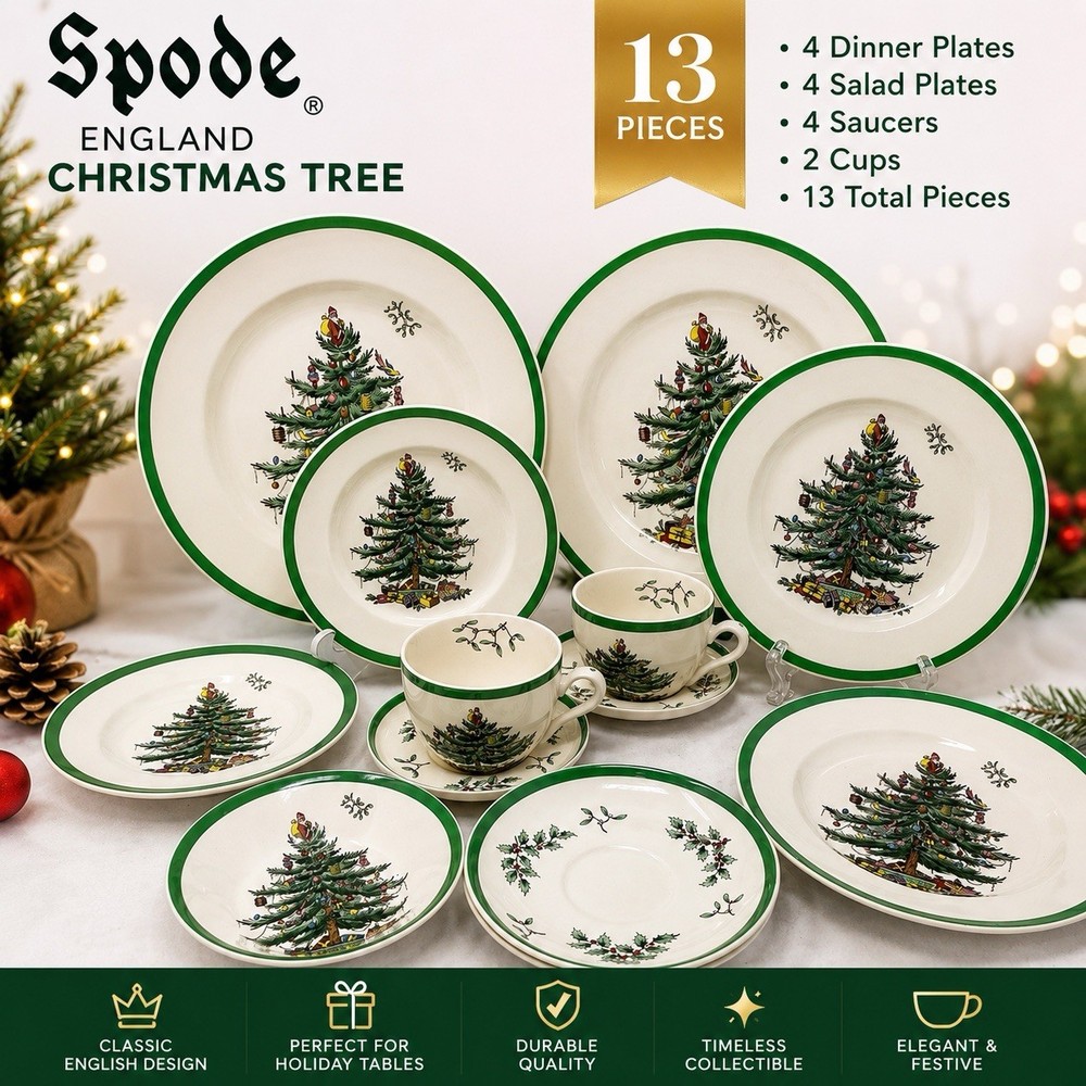 Spode Christmas Tree England 13 Pc Dinnerware Set Cups Plates Saucers Vintage