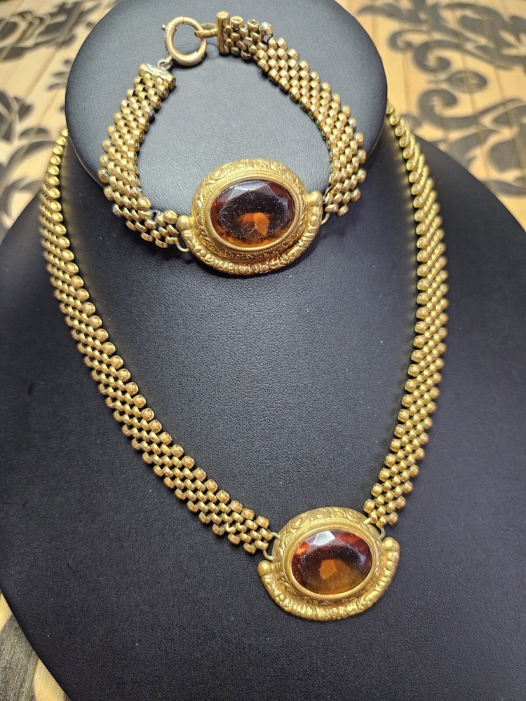 Antique Victorian Bracelet & Necklace SET Gold Filled Mesh Chains Vintage