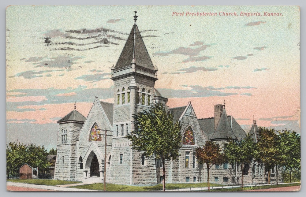 First Presbyterian Church In Emporia Kansas @ Sunrise~1911~Vintage Postcard