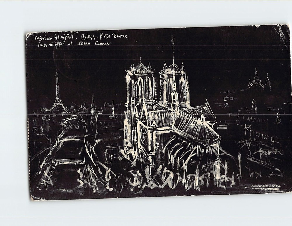 Postcard Black and White Artwork Depicting Notre Dame Cathedral in Paris France