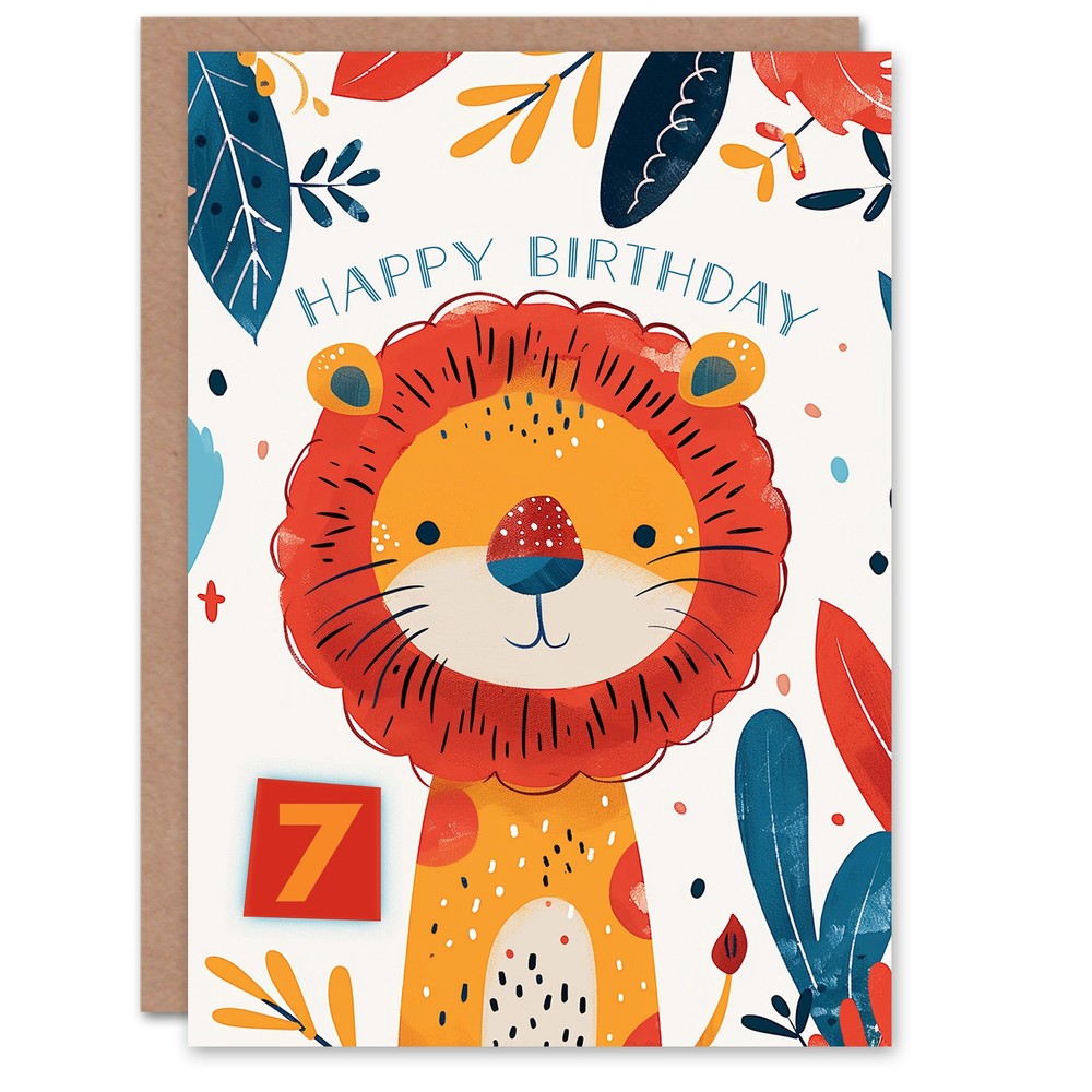 Birthday Card Cute Jungle Lion Bright Cartoon Drawing 7th 7 Year Old Child Kids