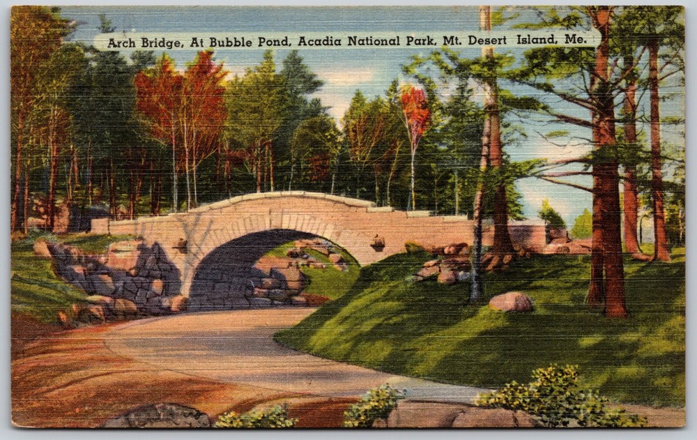 Arch Bridge Bubble Pond Acadia National Park Mt. Desert Maine VINTAGE Postcard-image