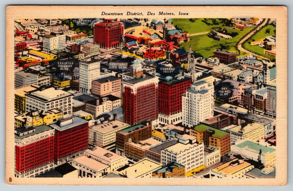 Aerial View Downtown District Des Moines Iowa Linen Postcard P-1
