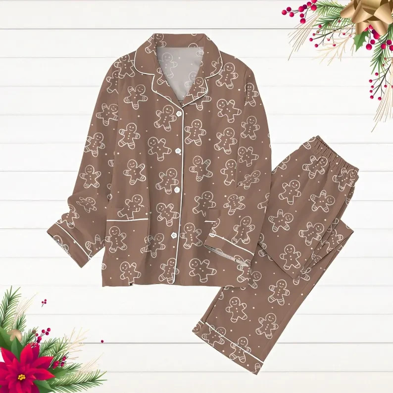 Unisex Gingerbread Christmas Pajama Set Brown Holiday Print Long Sleeve