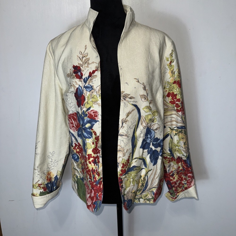 Coldwater Creek Blazer Women's Size  6 Cream Floral Open Front Jacket Lined