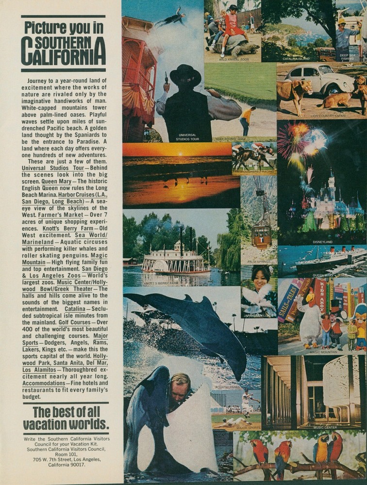 1971 Southern California Vacation Lion Zoo Disneyland Orca Vintage Print Ad L29