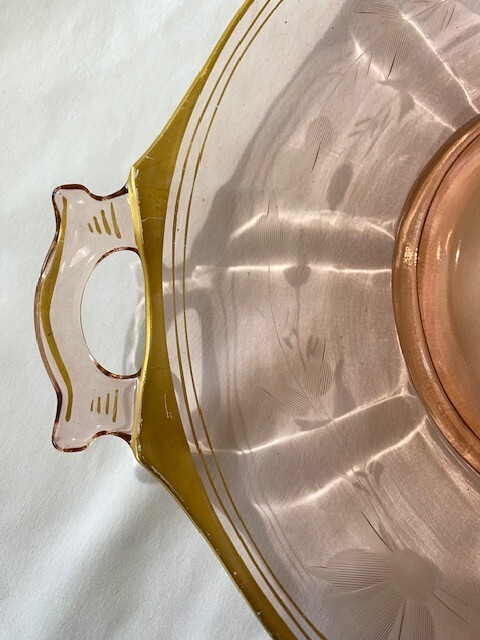 Vintage Pink Depression Glass gold trimmed pink platter - in beautiful condition