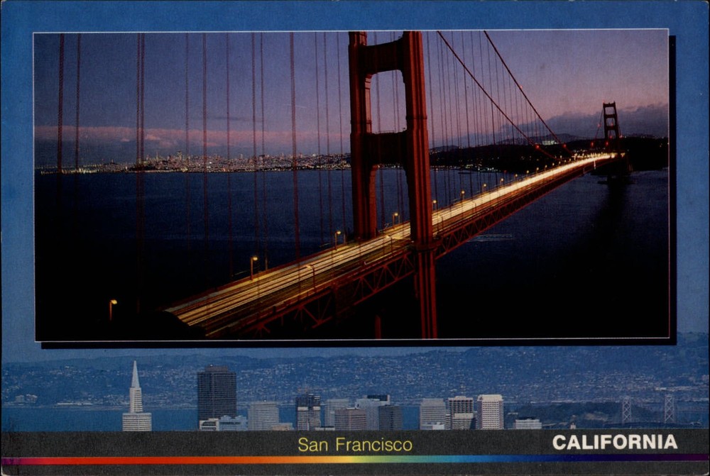 San Francisco California aerial night view Golden Gate Bridge ~ vintage postcard