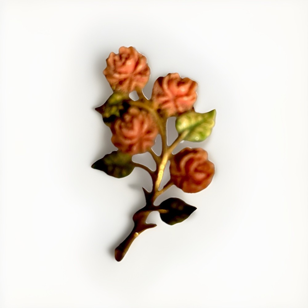 Vintage JJ Brooch Pin Celluloid Rose Stem Bouquet Of Flowers-  Gold Tone Signed