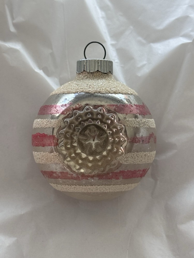 Vintage Shiny Brite Mercury Glass Double Indent Striped Pink Mica Ornament