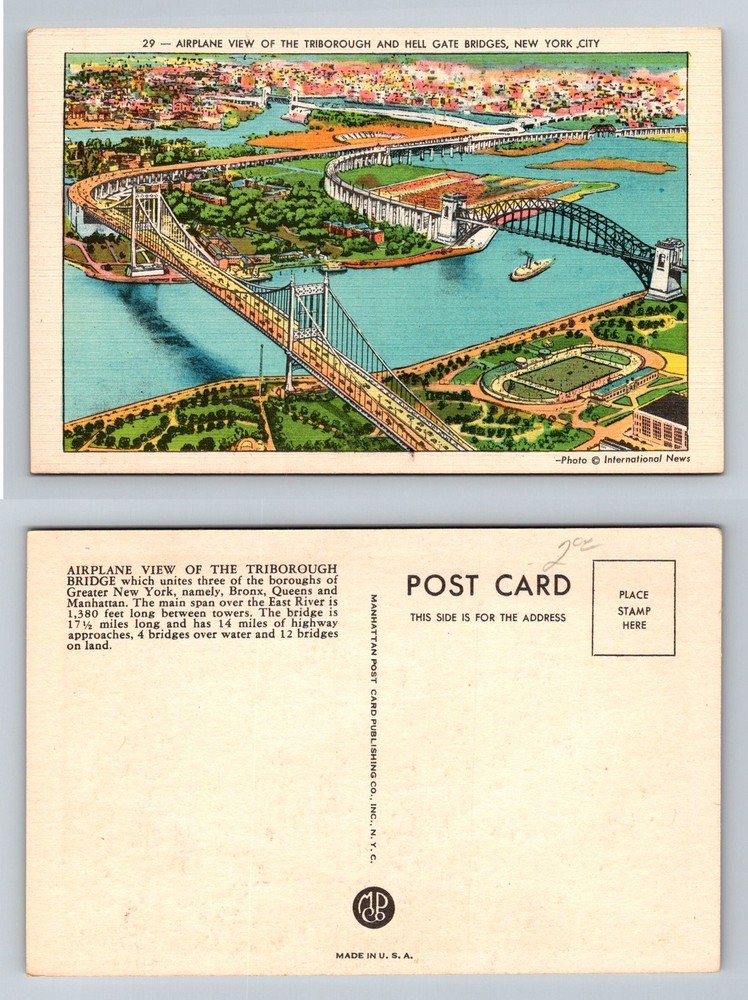 New York City NY, Triborough and Hell Gate Bridges Aerial Vintage Postcard