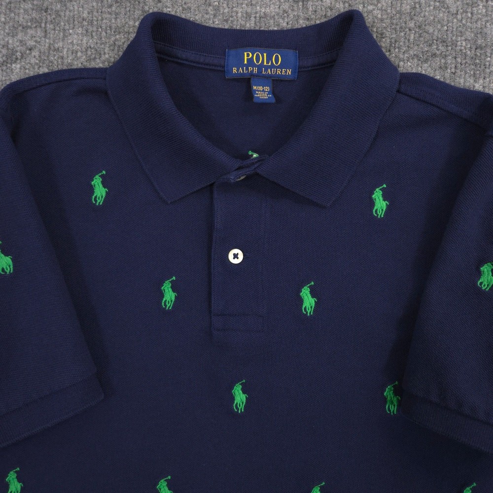 Polo Ralph Lauren Polo Shirt Boys M (10-12) Navy Pique Embroidered Pony All Over