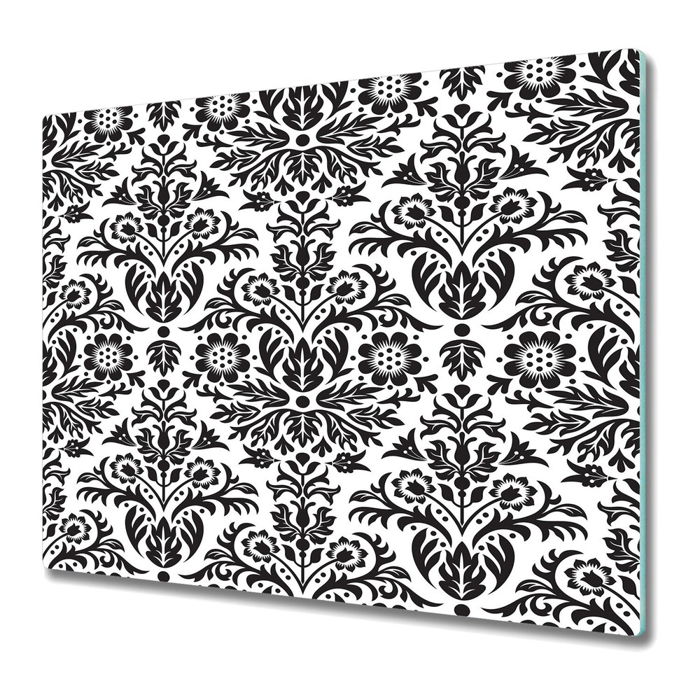 Glass Chopping Board Utensil Board Damask Floral black and white large 60x52