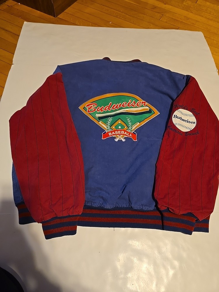 Vntg Official USA Product Budweiser Baseball Blue/red Bomber Jacket 27.5x26
