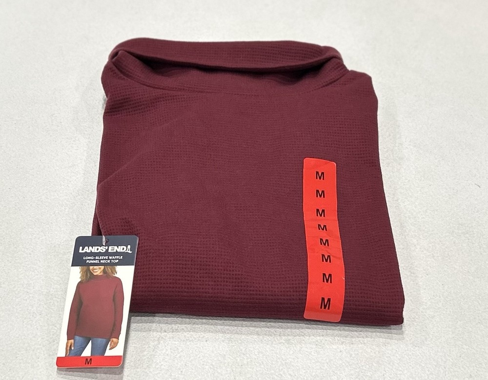Lands End Womens Red Long Sleeve Waffle Funnel Neck Top Size M