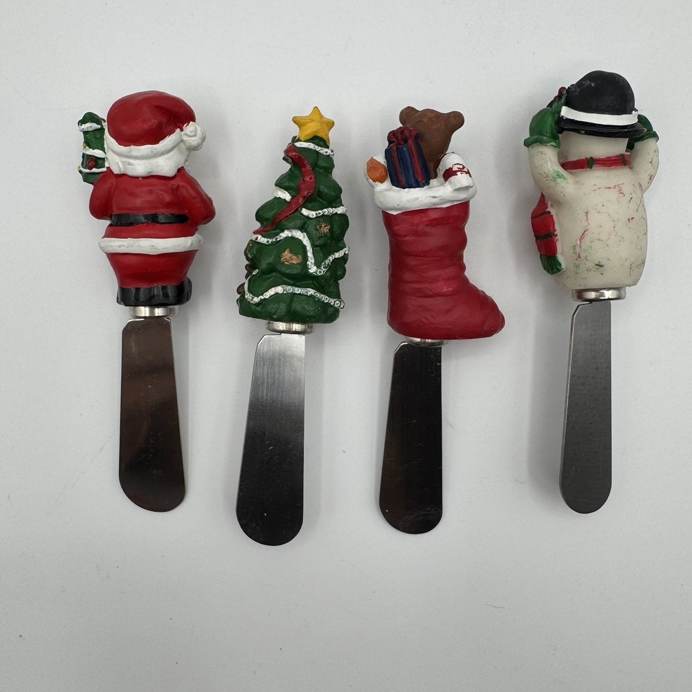 Christmas Cheese Butter Spreader Lot of 4 - Snowman Stocking Bear Santa Tree