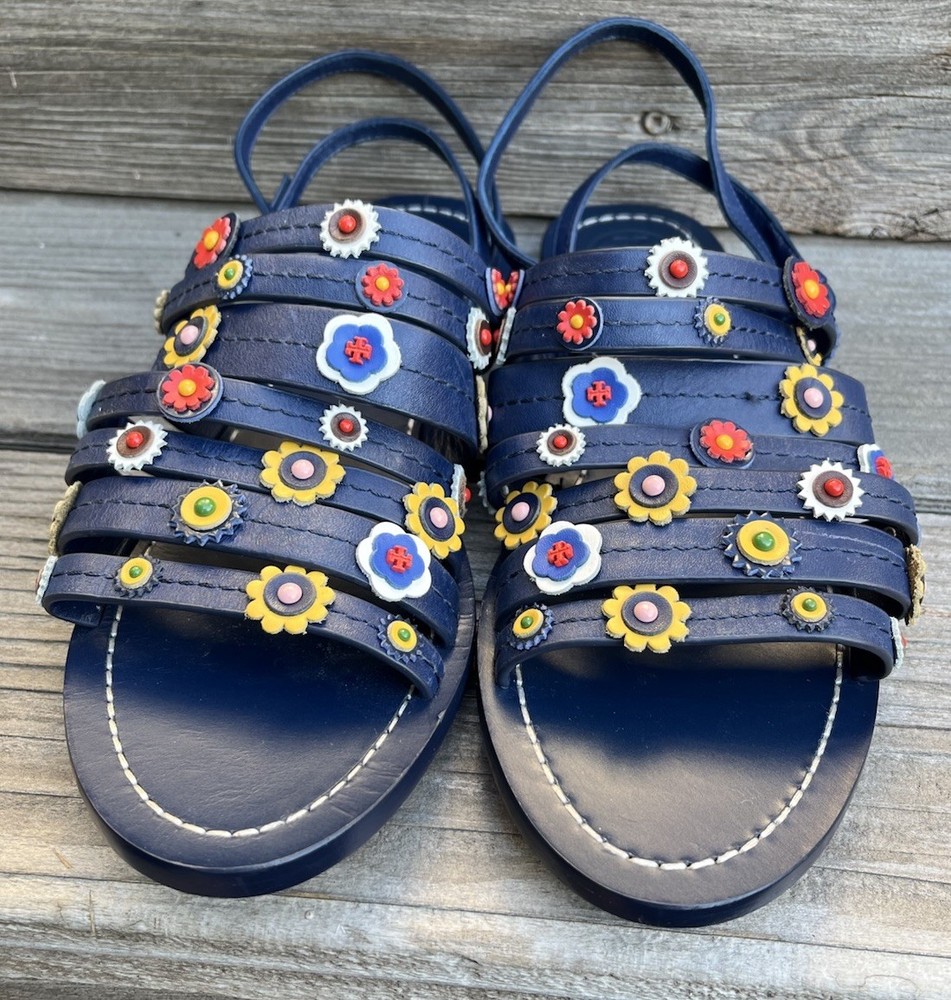 Tory Burch Marguerite Women's 8M Strappy Flat Sandals Ankle Strap Blue Floral