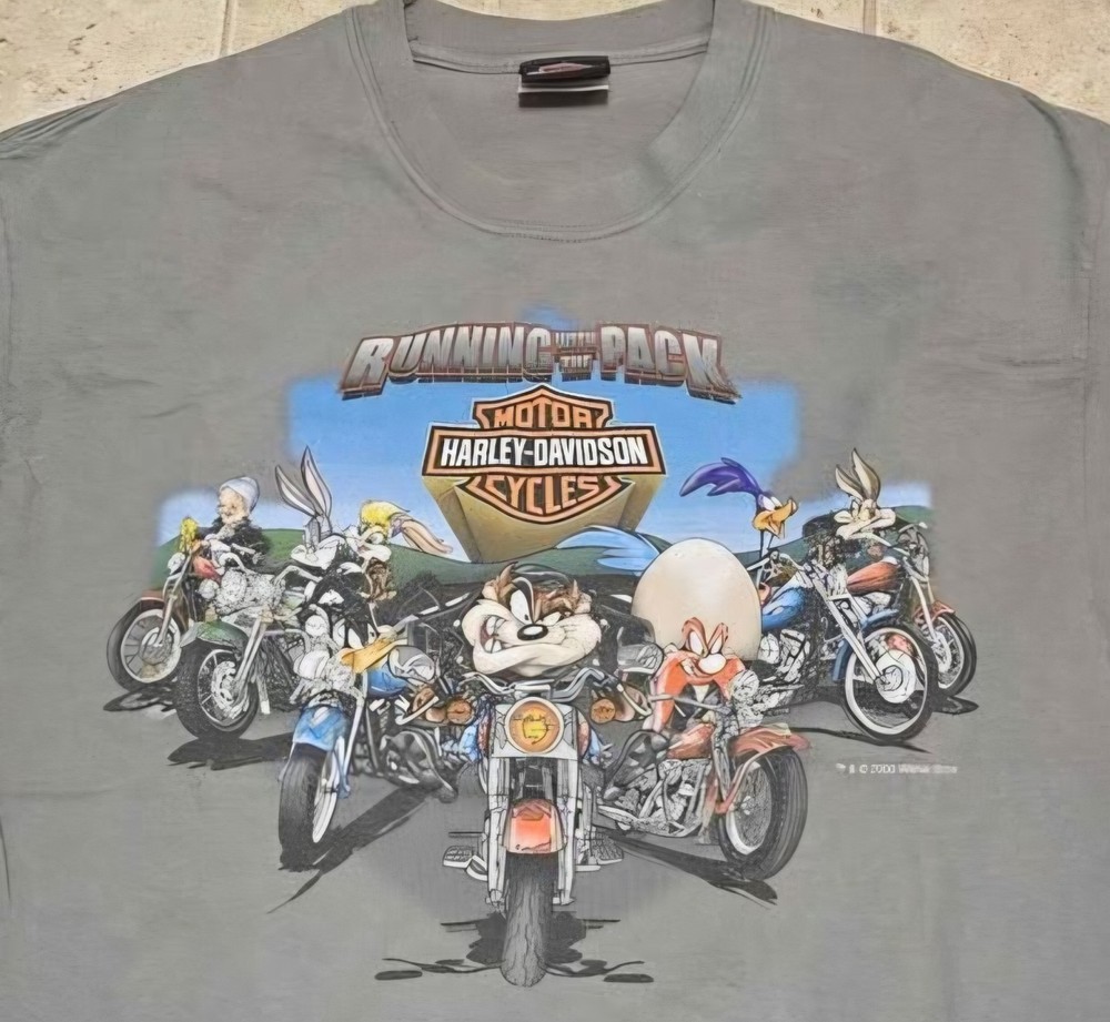 Harley Davidson T-Shirt Men's Large  Gray Looney Tunes Running with the Pack Taz
