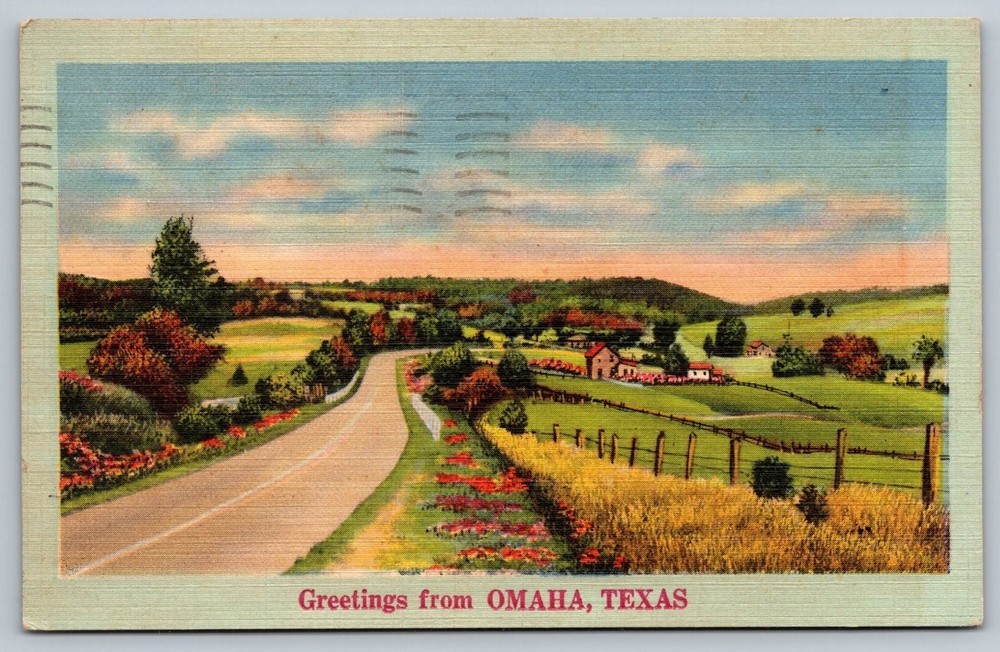 Vintage Linen Postcard Greetings from Omaha Texas Scenic Road View