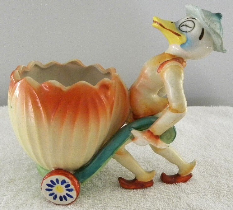 Colorful Vintage Duck Pushing Flower Egg Cart, Easter Duckling Japan Figurine