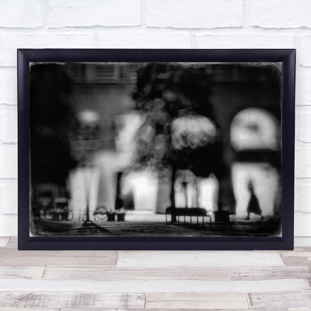 Black-and-white Mood Night Street blurry tree Wall Art Print