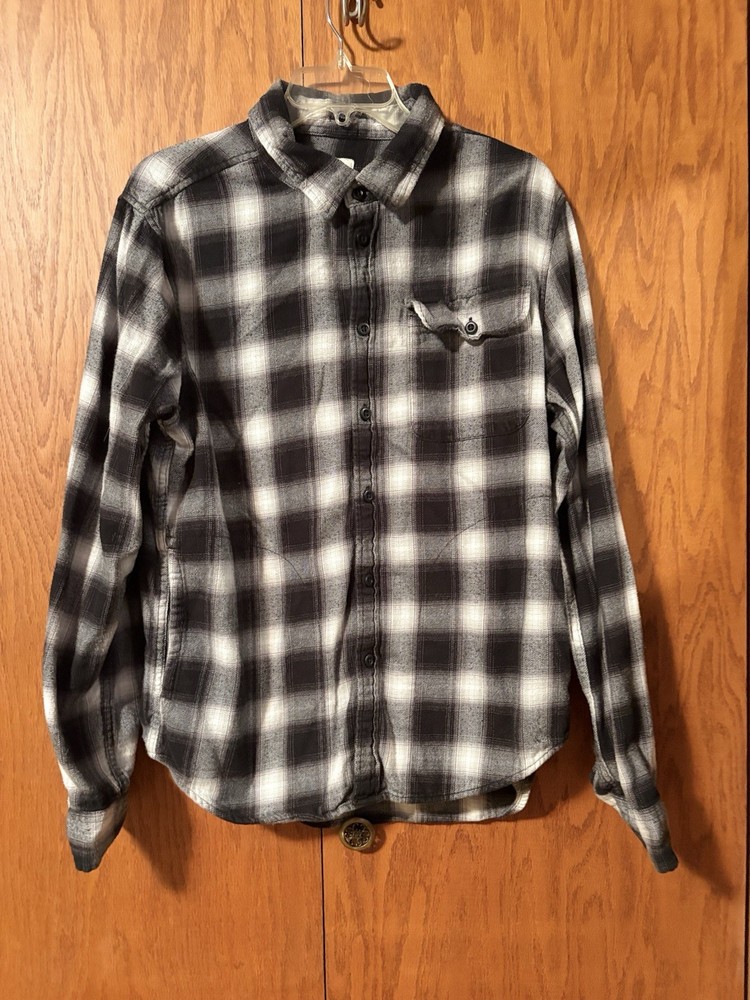 American Eagle Men's M Black White Plaid Flannel Long Sleeve Button-Up Pockets