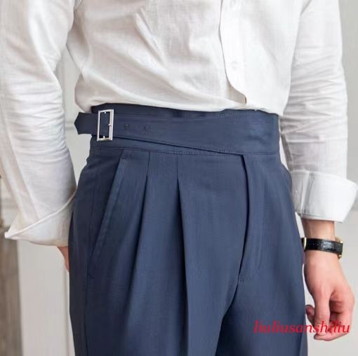 Men Gurkha British Style High Waisted Straight Leg Suit Pants Retro Trousers