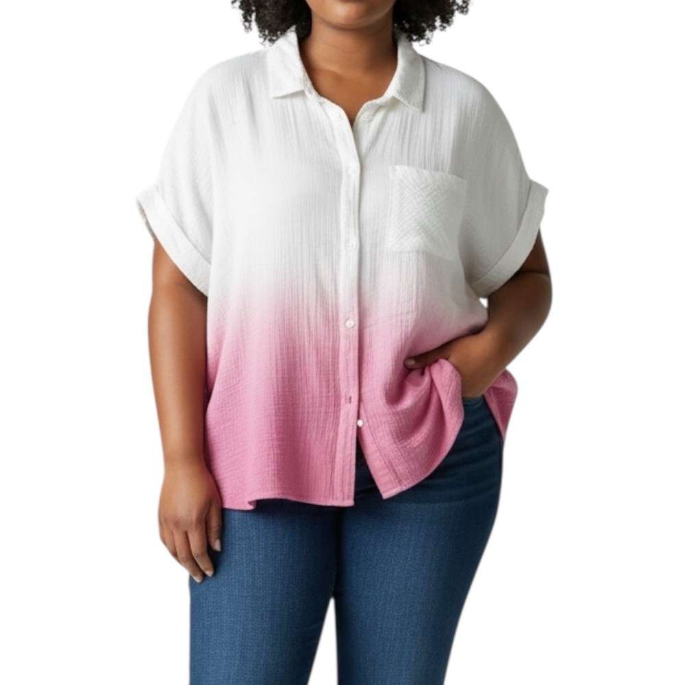 True Craft 100% Cotton Ombré Lightweight Shortsleeve Button Up Plus Size 3X