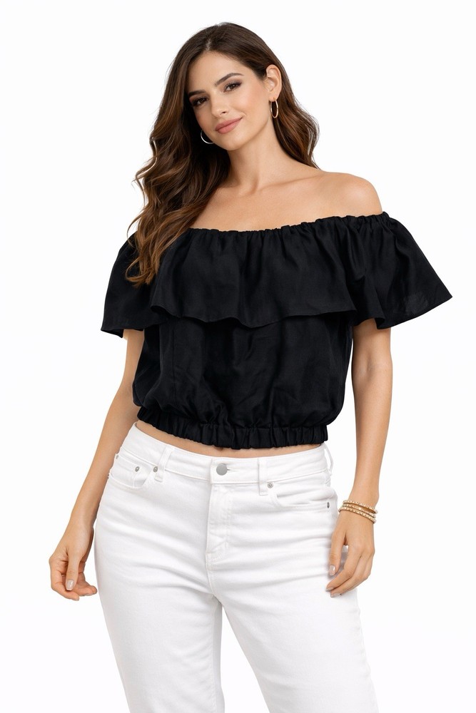Banana Republic Off Shoulder Linen Crop Top Black Ruffle Elastic Waist Size L