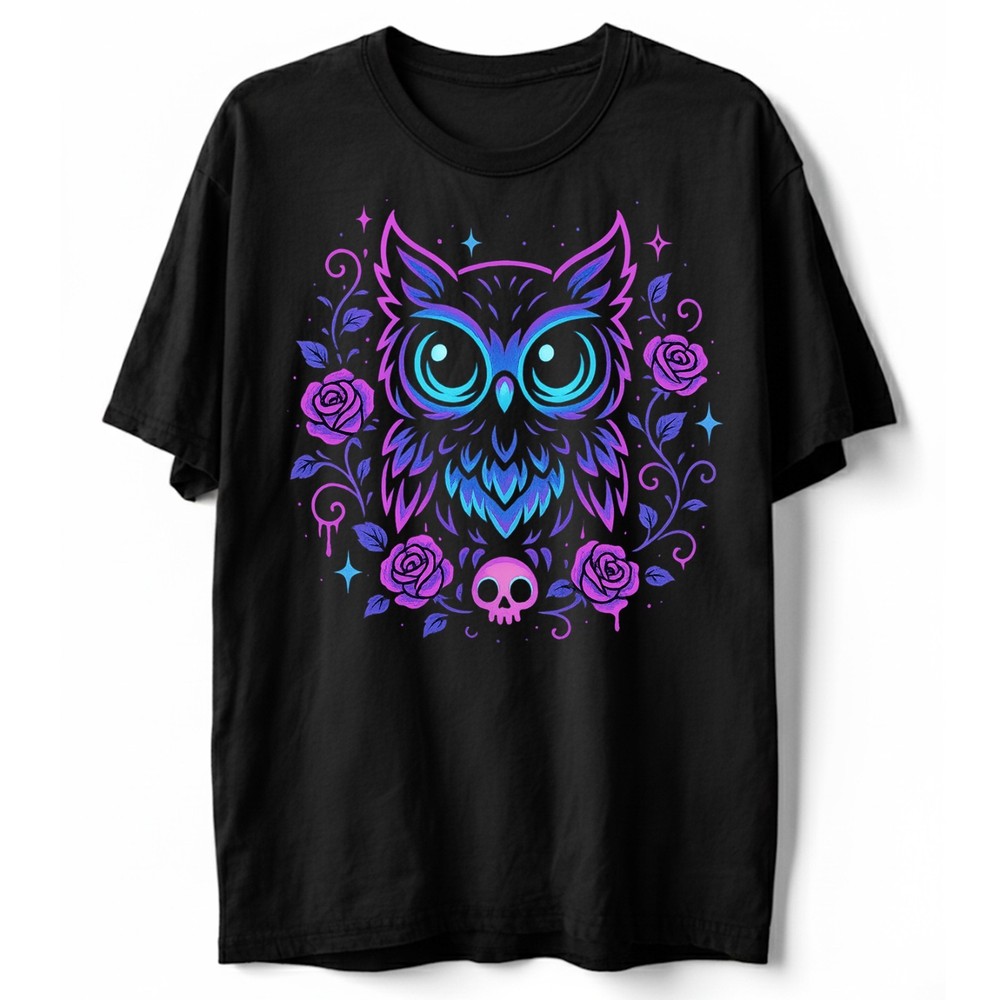 Cute Owl Roses T Shirt, Pastel Goth Kawaii Halloween Tee, Horror Skull Shirt