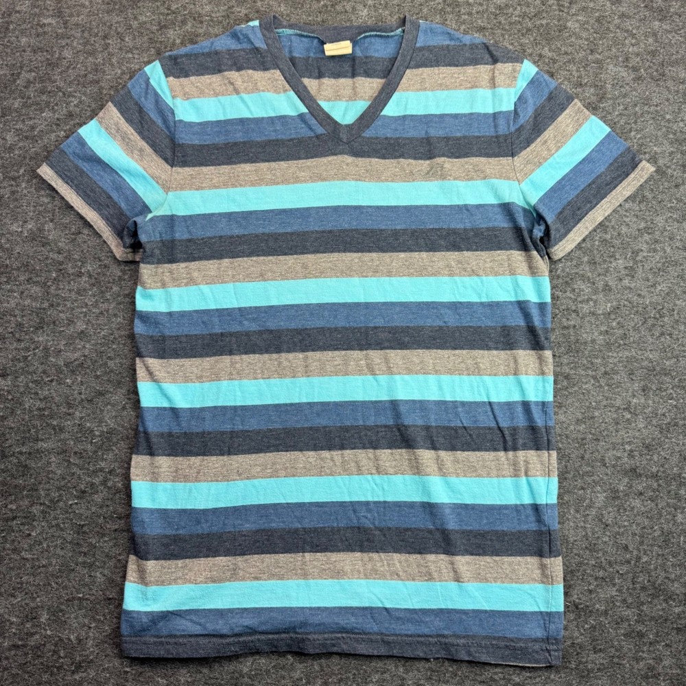 Hollister V-Neck T-Shirt Mens Small Blue Teal Grey Striped Short Sleeve