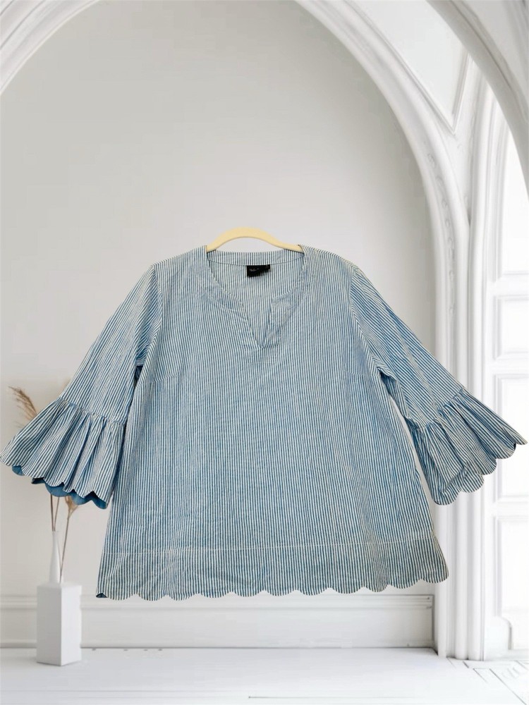 Womens Blue Stripe Bell Sleeve Scalloped Hem Top Size Medium Cotton Summer Chic