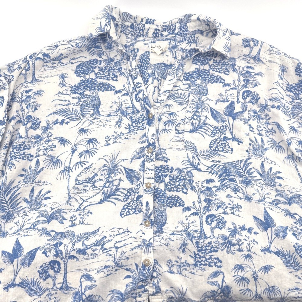 Nicole Miller New York Womens XL Blue White Tropical Toile Linen Blend Shirt Top