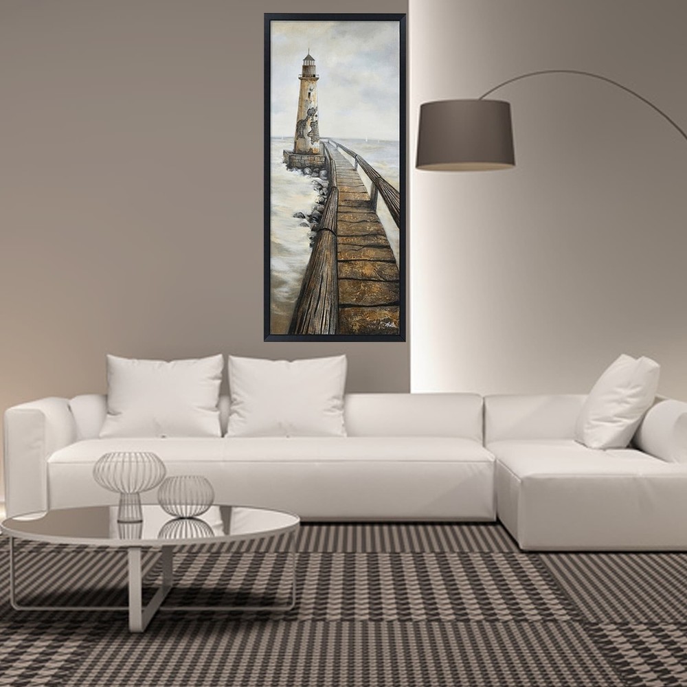 Hand Painted Acrylic Wall Art Vintage Light House 32 x 71 Grey Extra Large