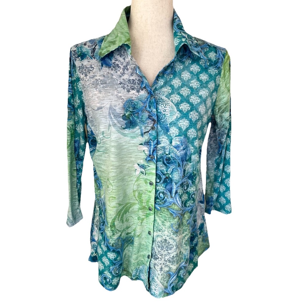David Cline Womens Button Up Top Sz M Blue Crinkle Crushed Lightweight Artsy USA