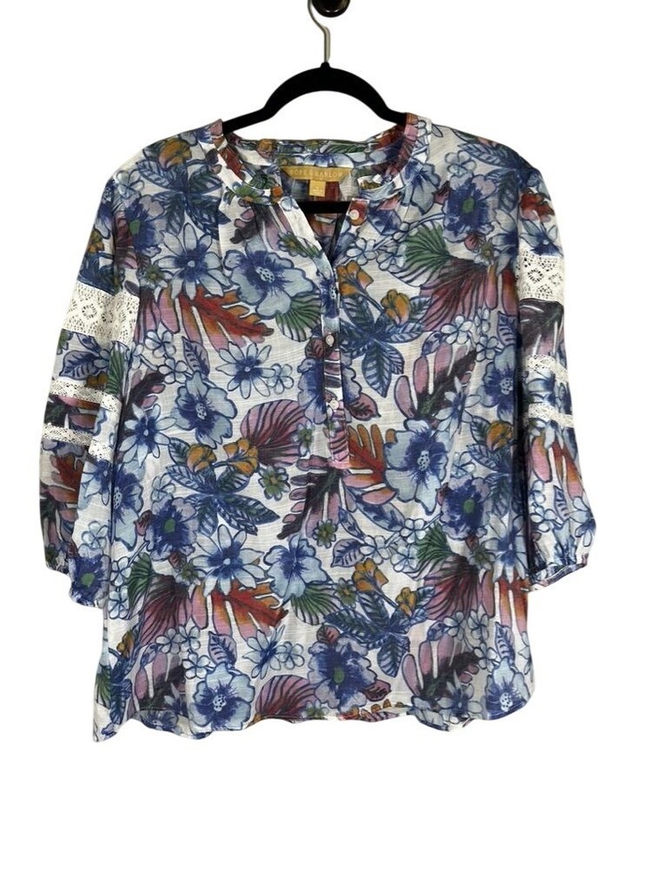 Colorful Floral Lace Top Blue L Boho Western Cottage Feminine Resort Preppy Chic