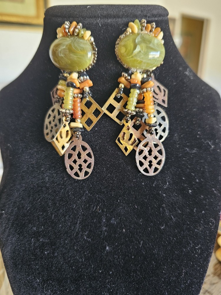 Vintage Statement Post Earrings Green, Brown, Charms, And Metal