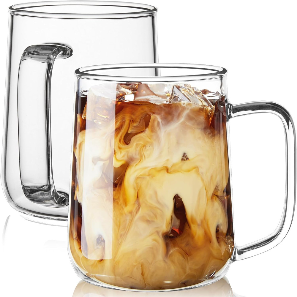 Large Glass Coffee Mugs, 20 Oz Glass Coffee Cups Set of 2, Clear Borosilicate Gl