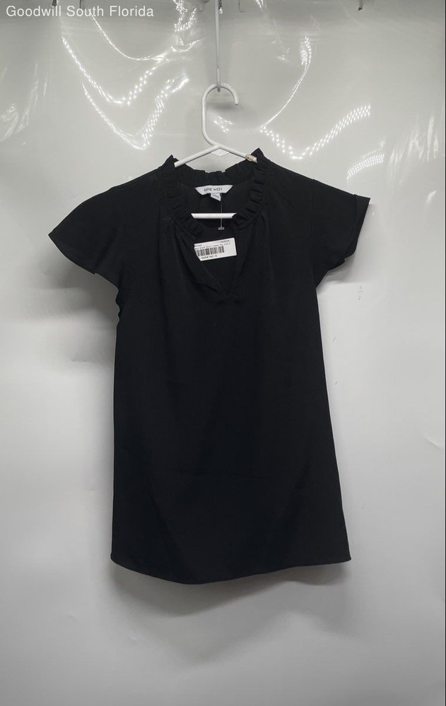 Nine West Womens Black V-Neck Short Flutter Sleeve Pleated Blouse Top Size S