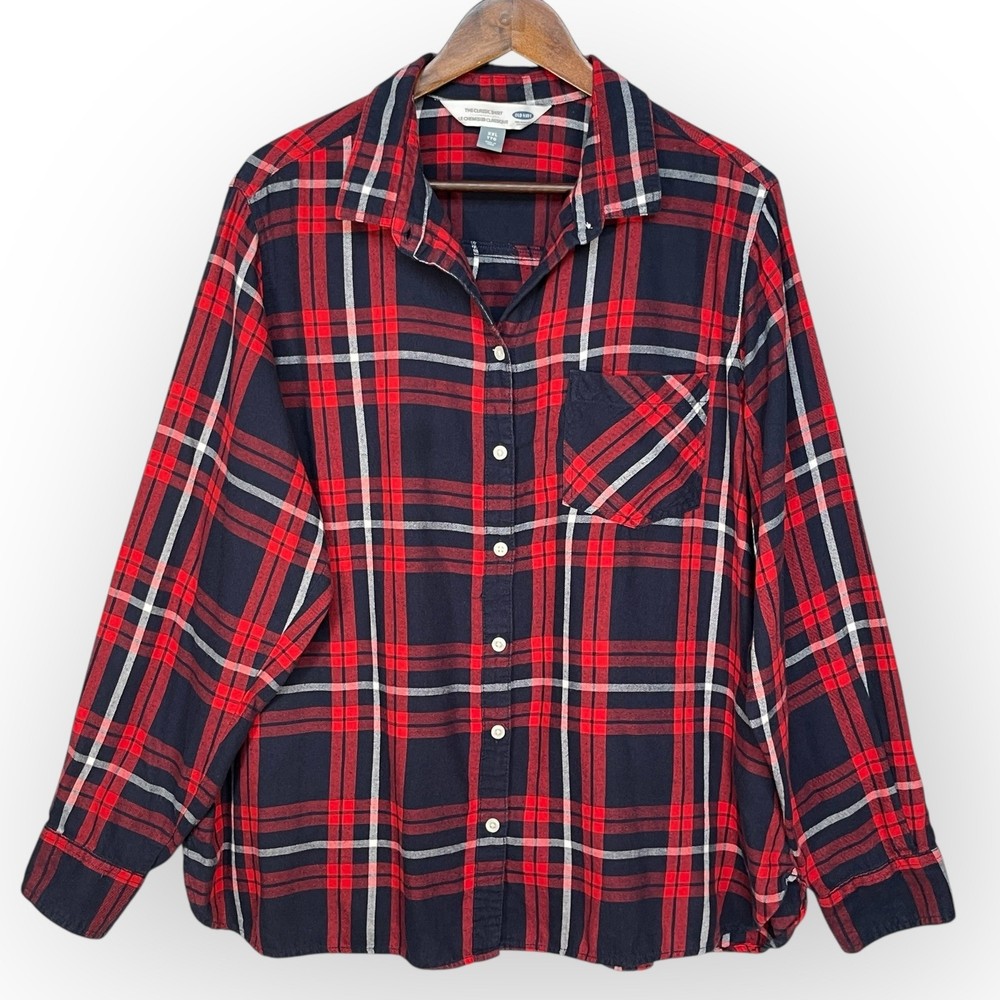 Old Navy Red Navy Blue Plaid The Classic Shirt XXL Womens Long Sleeve Cotton