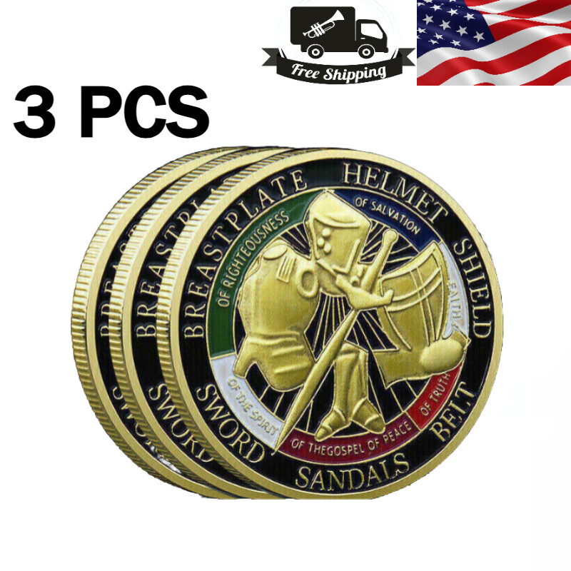 3Pcs Put on The Whole Armor Collection Challenge Coins Gift of God Commemorative